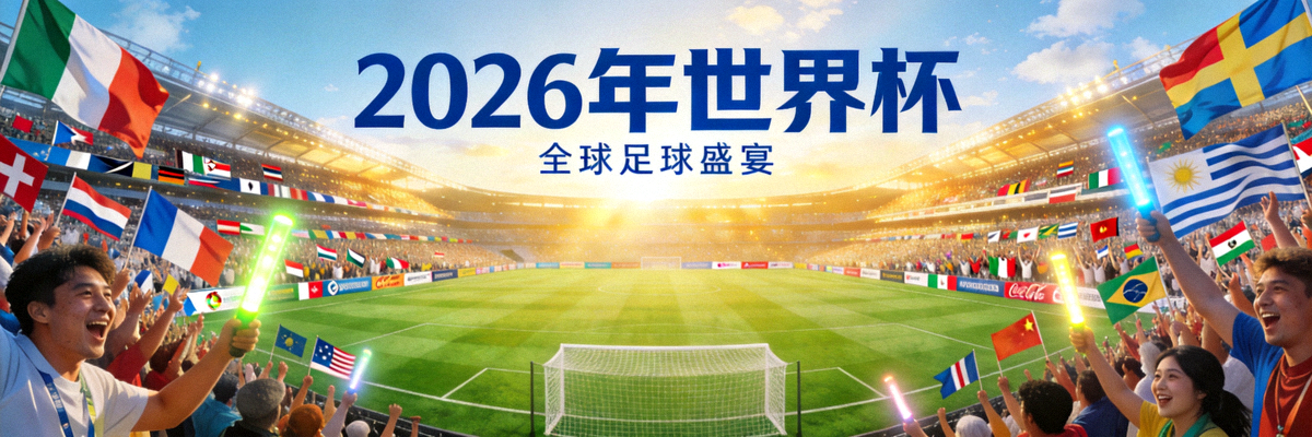 2026年世界杯官方宣传背景图，展示足球场与欢呼的球迷